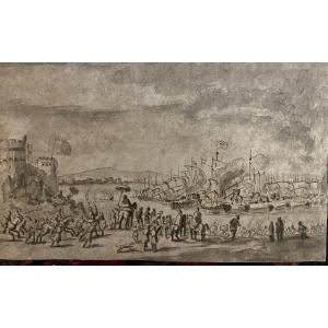 18th Century Drawing, Port Scene, Animated With Many Characters And Boats.