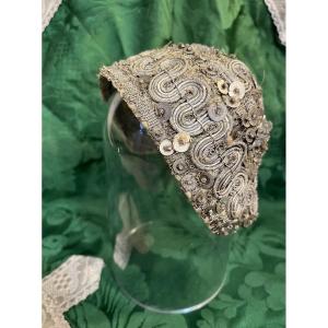 Small Child's Bonnet Embroidered In Silver. France, Early 19th Century.