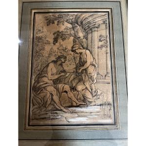 Classic Snow Drawing, A Couple In An Antique Setting. Ink, Gouache. France, Circa 1800.