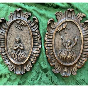 Pair Of Medallions, A Man And A Woman In The Flames Of Purgatory.