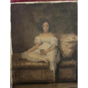 Gouache On Paper Circa -1830, Young Girl Sitting On A Sofa, Looking Dreamy. France.