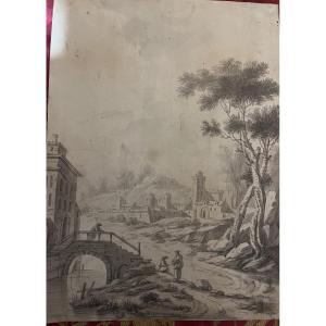 18th Century Drawing, Lively, Elegant Landscape.