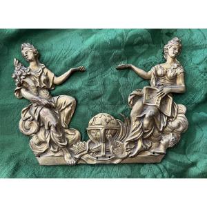 Gilt Bronze Plaque, Two Allegorical Figures Framing A World Map And Various Symbols. 18th Century.