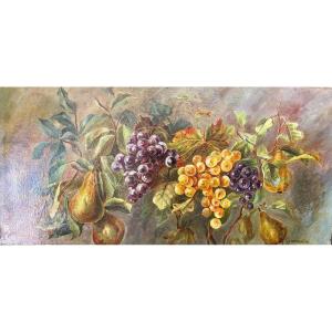 Large Oil On Canvas, Still Life With Grapes And Pears. 19th Century, France.