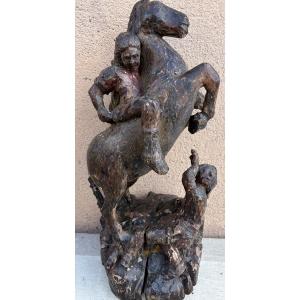 Wooden Statue Of The Conversion Of St Paul. Folk Art 18th Century.