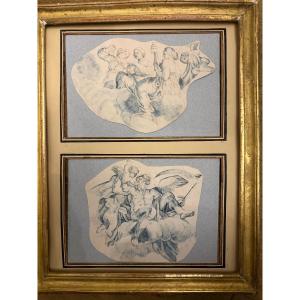 Pair Of Drawings, In Blue Ink, 17th Or 18th Century.