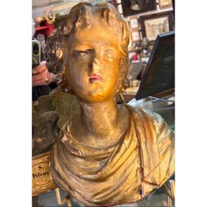Bust In Carved Wood, Formerly Gilded. Head Of Young Man Or Angel. 18th Century.