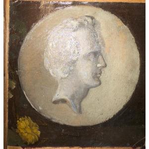 Fragment Of Oil On Canvas, Profile Portrait Of A Young Man, In A White Tondo. Early 19th Century