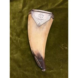 Powder Horn, Engraved Brass Fittings, 19th Century.