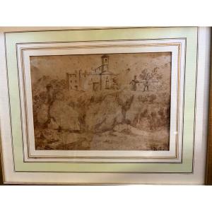 Italian Pen-and-ink Drawing Of A Fortified House On An Elevation. Italy, 18th Century.