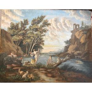 Large Drawing In Gouache Etching, Bathers In An Animated Landscape.