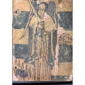 Ethiopian Icon Depicting St Michael Slaying The Dragon. 18th Century.