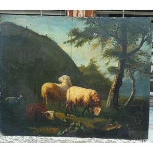 Landscape With Sheep And Cows On Wooden Panel