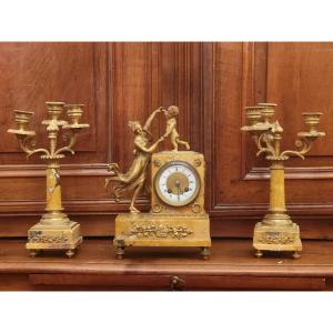 Bronze And Marble Clock And Candlesticks