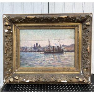 Genre Scene Painting Of A Boat Sailing In St. Petersburg