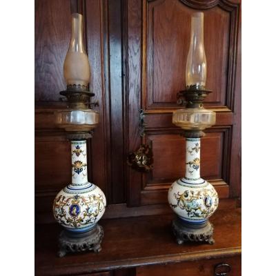 Pair Of Oil Lamps From Gien 19 Th Century