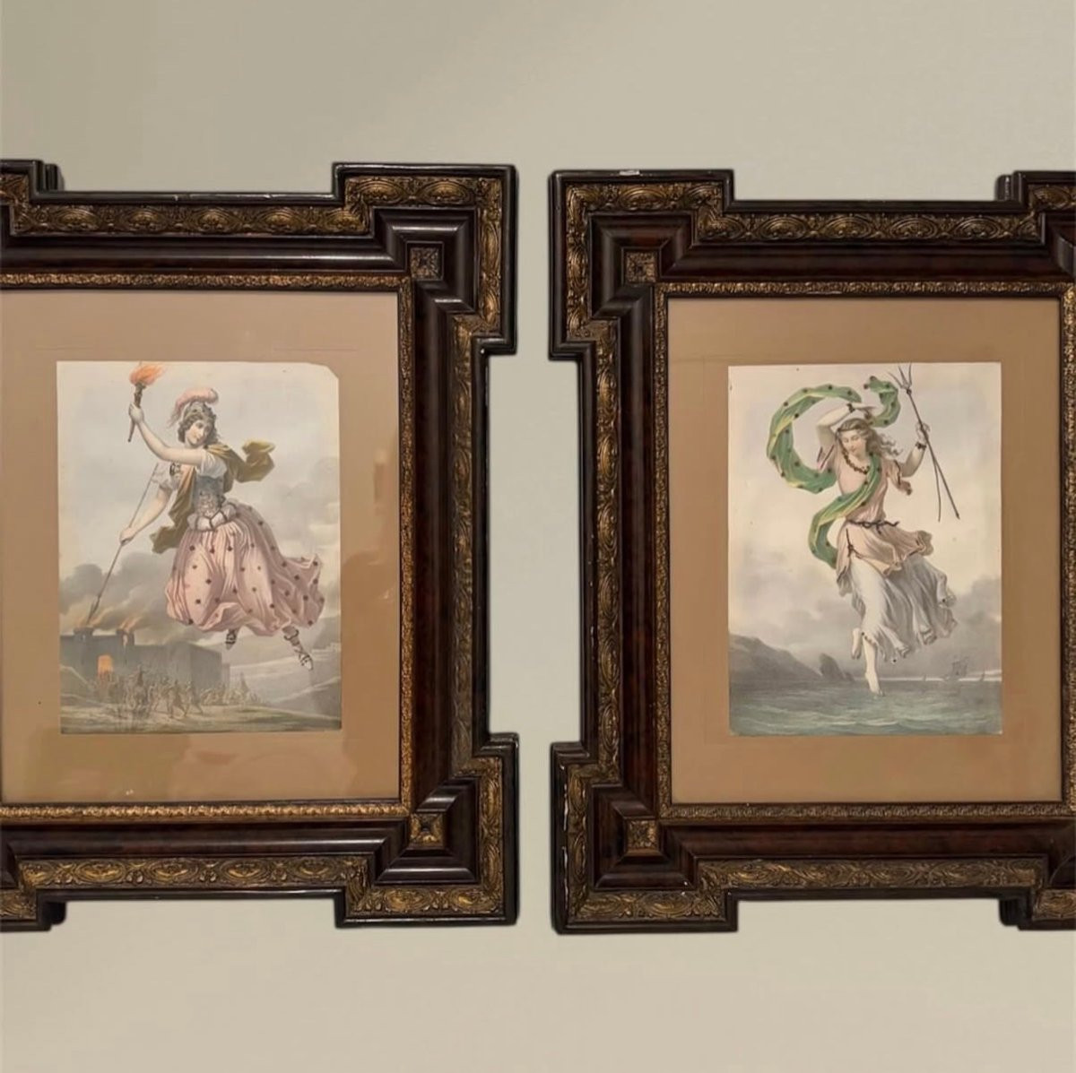 Coppia di acquerelli che raffigurano due figure allegoriche, XIX sec.-photo-2