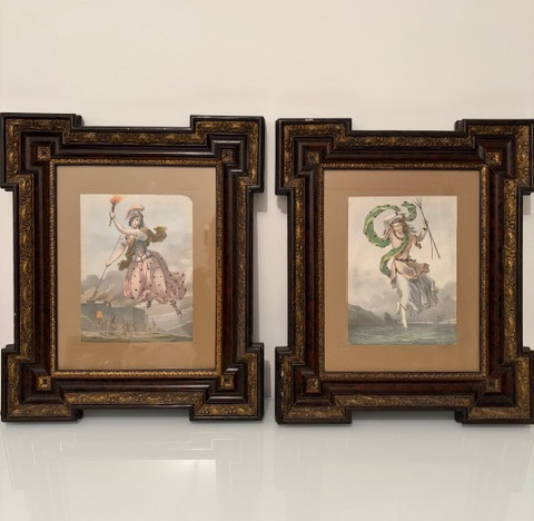 Coppia di acquerelli che raffigurano due figure allegoriche, XIX sec.