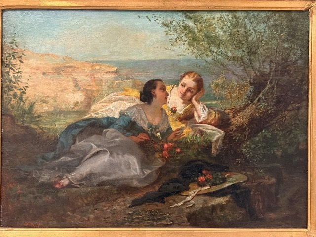 Dipinto raffigurante due giovani donne, Paul L. Billou (1821-1868)-photo-2