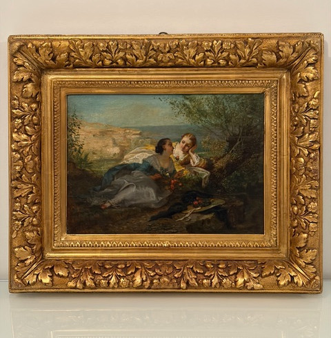 Dipinto raffigurante due giovani donne, Paul L. Billou (1821-1868)