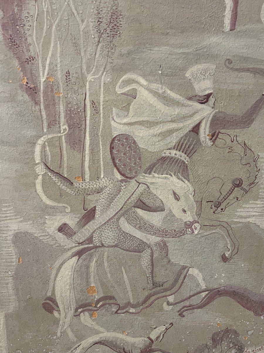 Pannello decorativo con figure, tela su carta, Baldinelli-photo-3