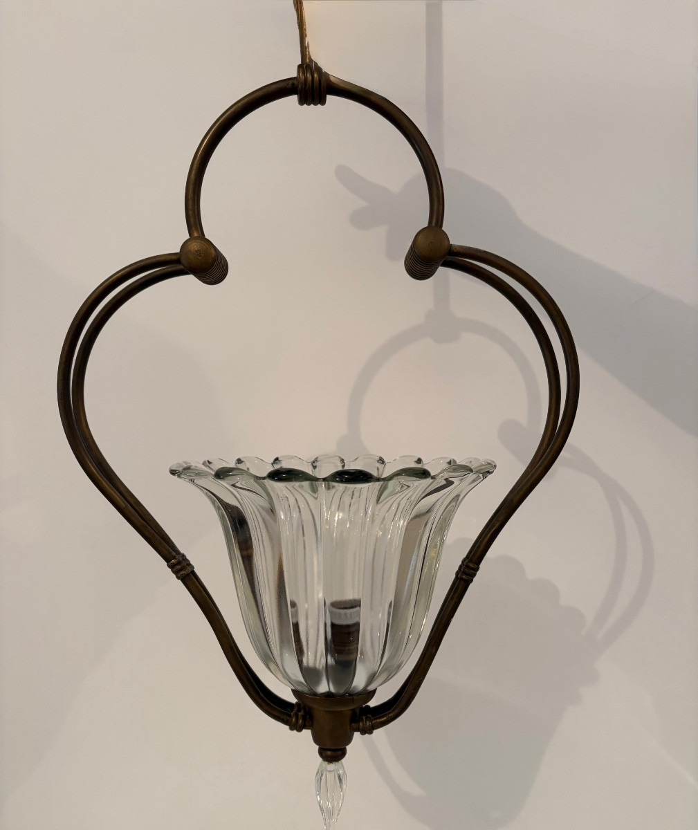 Lampada a sospensione in ottone e vetro di Murano, attr. Barovier &Toso, anni ‘40-photo-2