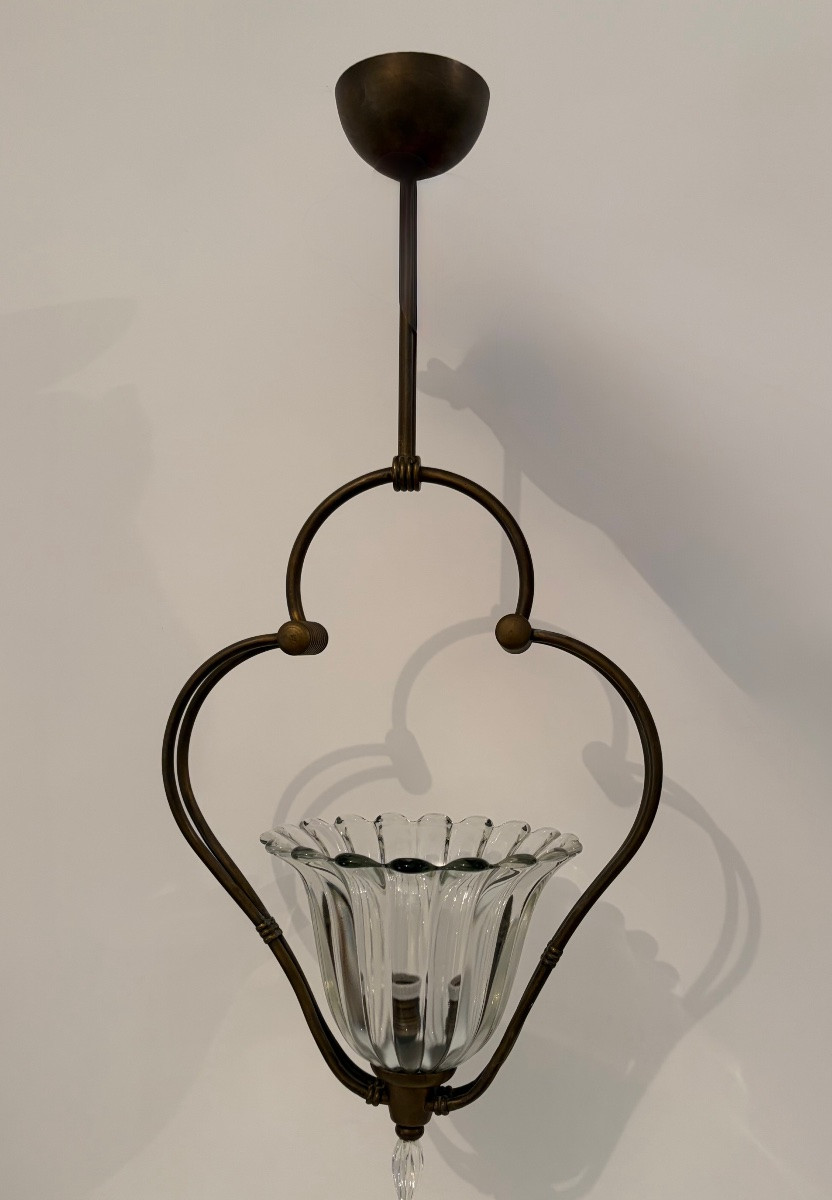 Lampada a sospensione in ottone e vetro di Murano, attr. Barovier &Toso, anni ‘40-photo-1