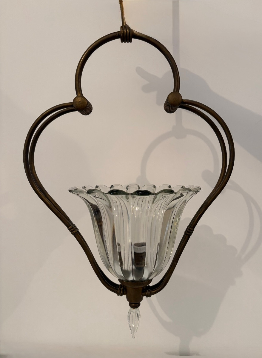 Lampada a sospensione in ottone e vetro di Murano, attr. Barovier &Toso, anni ‘40-photo-2