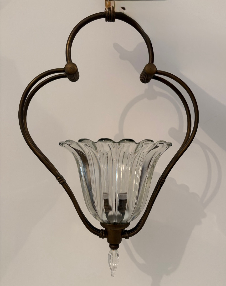 Lampada a sospensione in ottone e vetro di Murano, attr. Barovier &Toso, anni ‘40-photo-3