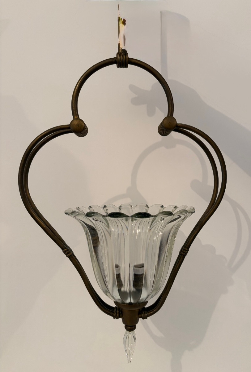 Lampada a sospensione in ottone e vetro di Murano, attr. Barovier &Toso, anni ‘40-photo-5