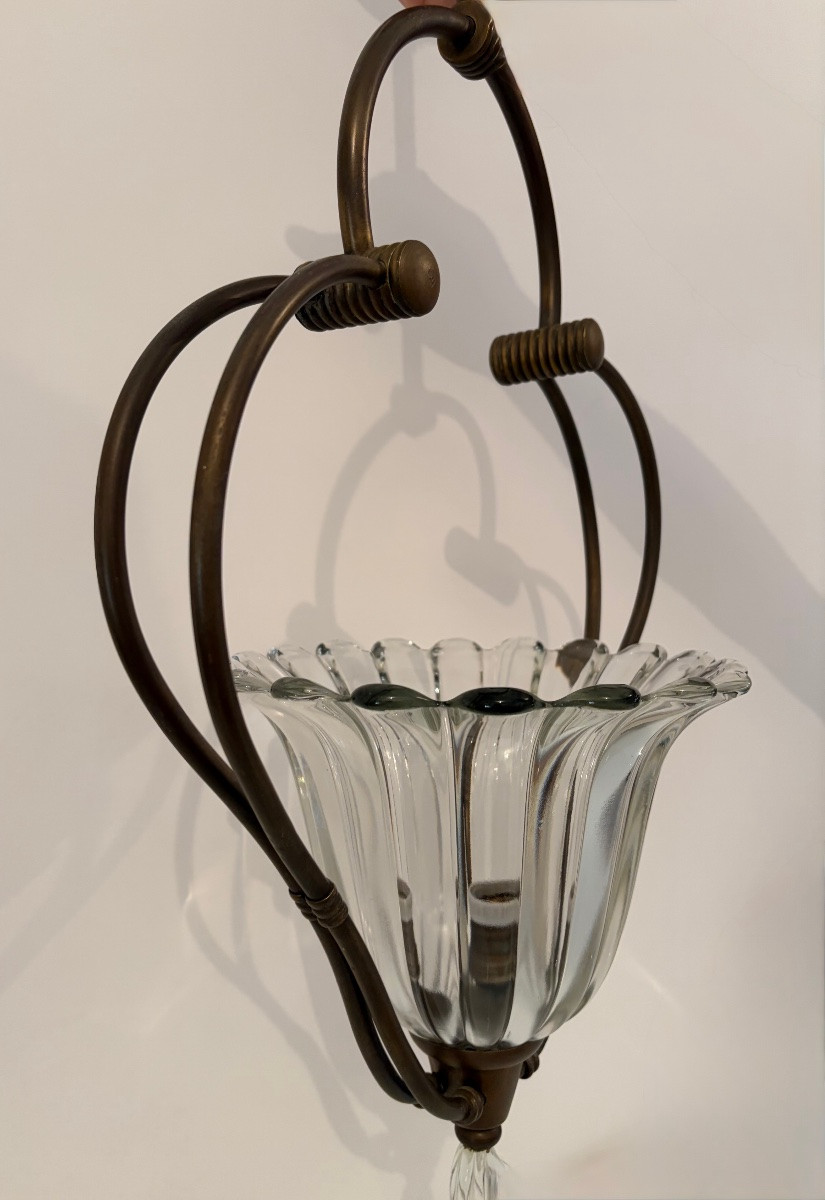 Lampada a sospensione in ottone e vetro di Murano, attr. Barovier &Toso, anni ‘40-photo-6