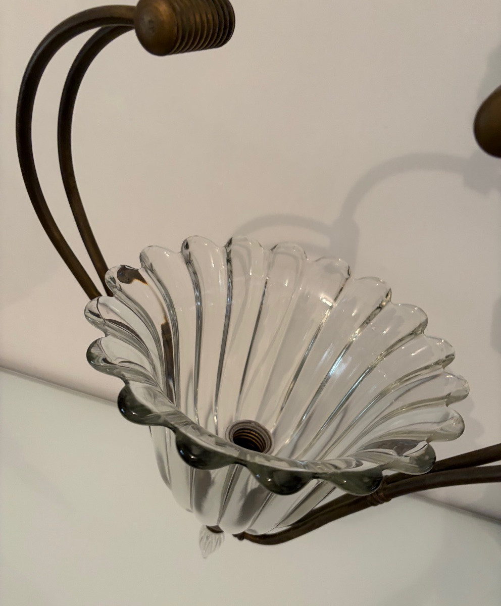 Lampada a sospensione in ottone e vetro di Murano, attr. Barovier &Toso, anni ‘40-photo-7
