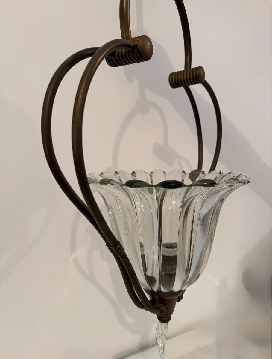 Lampada a sospensione in ottone e vetro di Murano, attr. Barovier &Toso, anni ‘40-photo-8