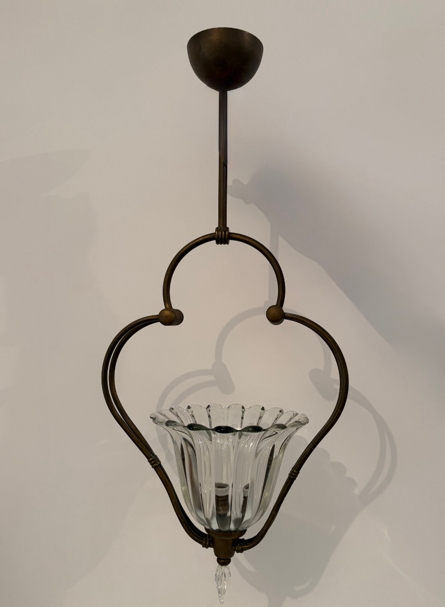 Lampada a sospensione in ottone e vetro di Murano, attr. Barovier &Toso, anni ‘40
