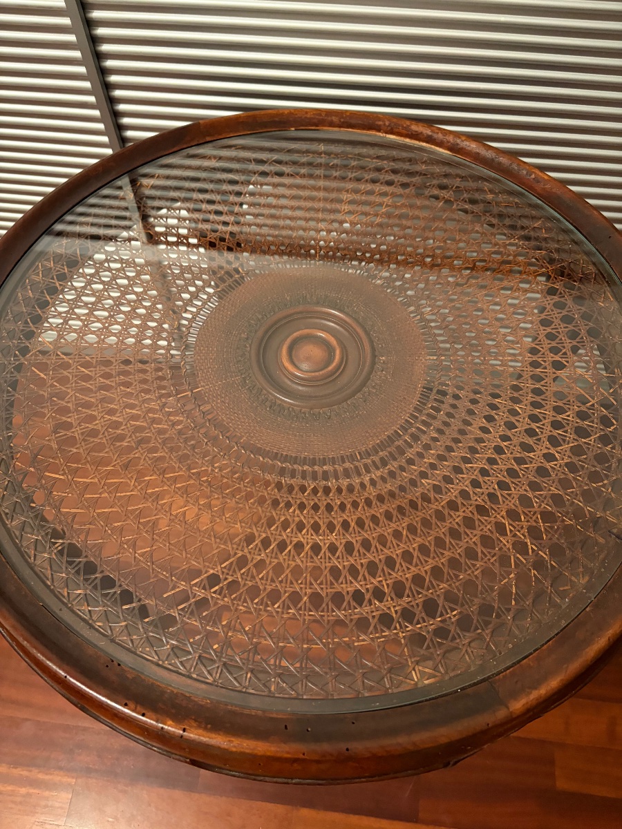 Tavolo rotondo, anni ‘40, in paglia  di Vienna e piano in vetro-photo-3