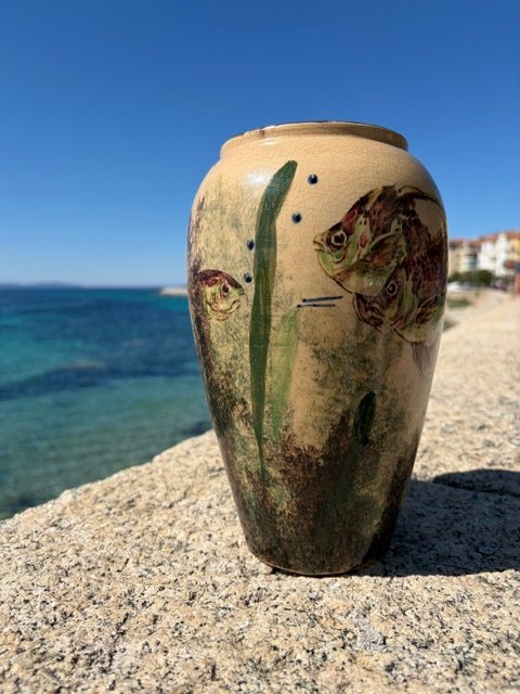 Vaso in ceramica policroma con pesci,  Vallauris –, Anni '50-photo-2