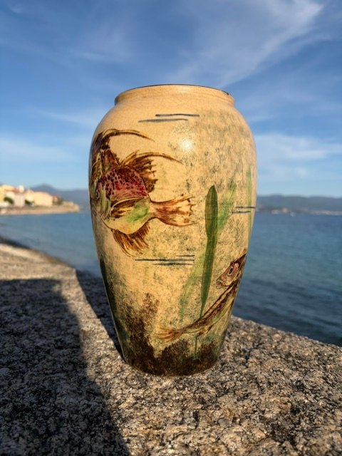 Vaso in ceramica policroma con pesci,  Vallauris –, Anni '50-photo-3