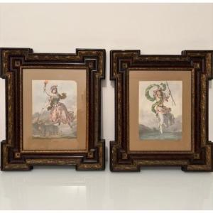 Coppia di acquerelli che raffigurano due figure allegoriche, XIX sec.