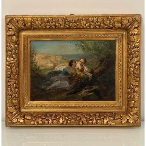 Dipinto raffigurante due giovani donne, Paul L. Billou (1821-1868)