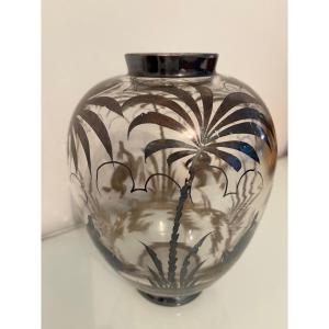 Vaso Art Déco in vetro con decoro in argento 