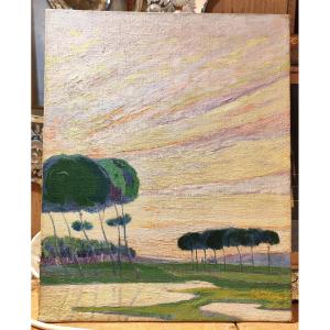 Landscape Oil On Cardboard 20th Century