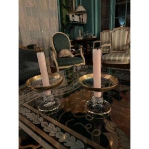 Pair Of Engraved And Gilded Crystal Candlesticks