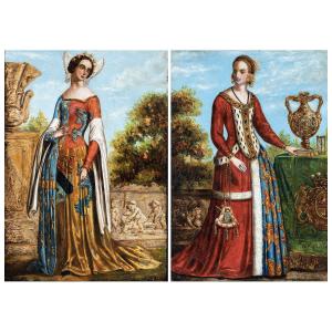 2 Hanging Canvases: Renaissance Princesses – 19th Century – Signed