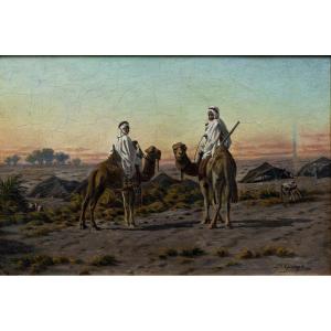 Orientalism – Return To Camp At Dusk – Oil On Panel – Louis George Legrand 1801-1883