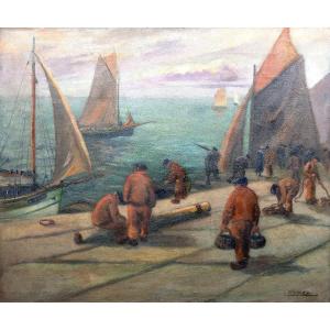 Louis Chazal – Sailors In The Port Of Concarneau – Oil On Canvas – Signed