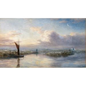 Charles Pyne – Animated Lake Landscape – Watercolor – Late 19th Century – Signed