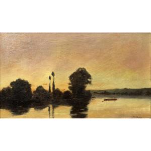 Henry Jacques Delpy – Boat On The River At Dusk - Oil On Canvas - Signed