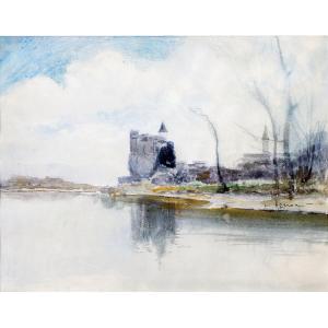Louis Ageron – Castle Reflected In A Lake - Watercolor - Signed