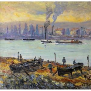 Serge Sauvage – The Port At Sunset – Oil On Panel – Signed