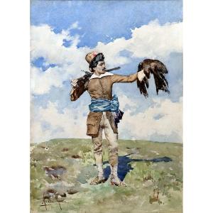 Alberto La Monaca – Falconer – Watercolor – 19th Century - Signed